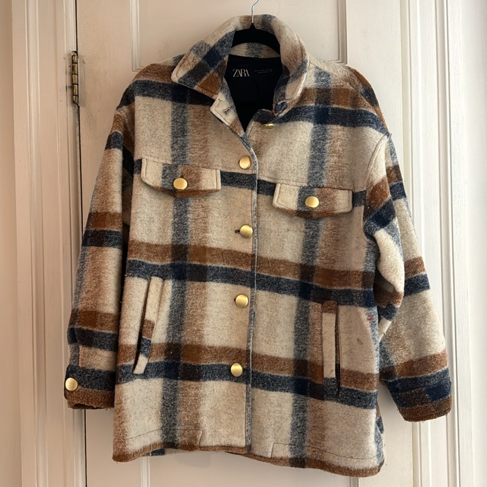Zara Oversized Wool Blend Plaid Shirt Jacket Cream Brown Blue